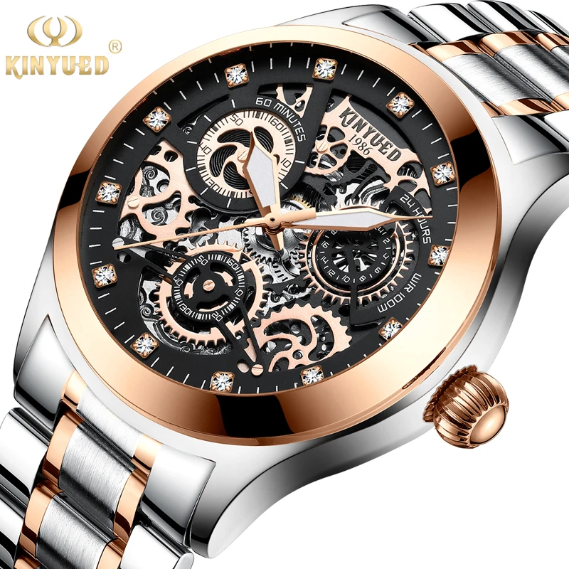 

KINYUED J062 oem waterproof custom logo leather fashion tourbillon skeleton wristwatches luxury automatic watches men watches