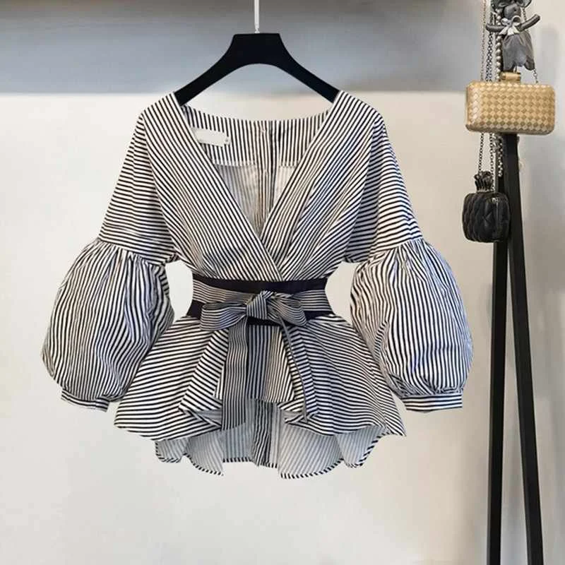 Mzl's Love Lantern Sleeve Blouse Shirt Women Fashion Korean Style Summer Bow V-neck Striped Shirt Elegant Ladies Tops Clothing
Mzl's Love Lantern Sleeve Blouse Shirt Women Fashion Korean Style Summer Bow V-neck Striped Shirt Elegant Ladies Tops Clothing