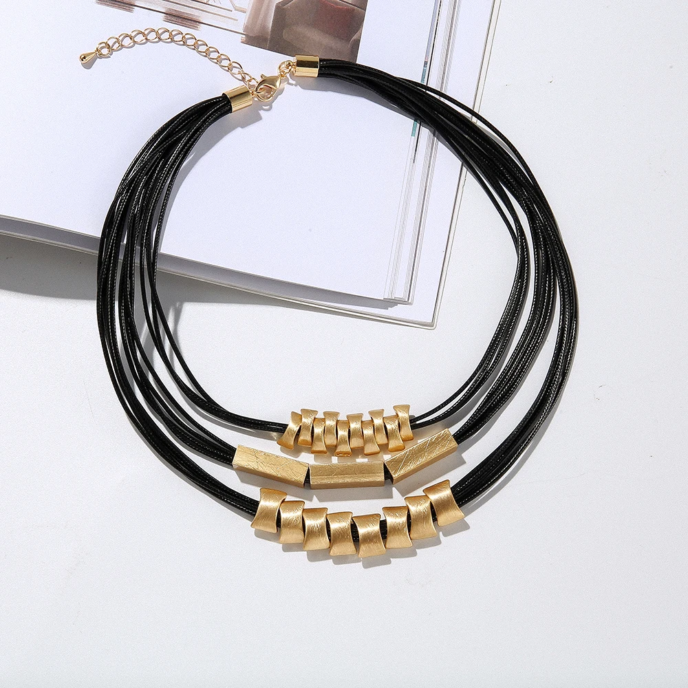 

TongLing multi layer black rope string layered silver 24k gold plated loop pendant choker necklace