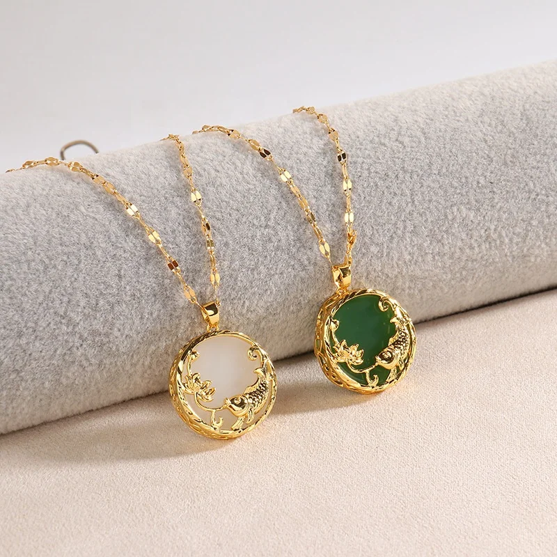Chinese Vintage Style 18K Gold Plated Titanium Stainless Steel Lucky Fish Round Natural Jade Necklace, Green , white
Chinese Vintage Style 18K Gold Plated Titanium Stainless Steel Lucky Fish Round Natural Jade Necklace, Green , white
