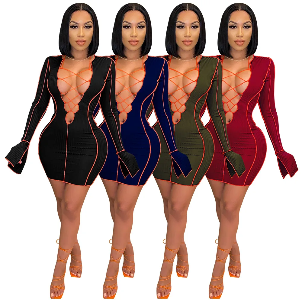 Fall 2021 women clothes new women's trumpet sleeves sexy V-neck slim fashion fall dress women, Picture color
Fall 2021 women clothes new women's trumpet sleeves sexy V-neck slim fashion fall dress women, Picture color