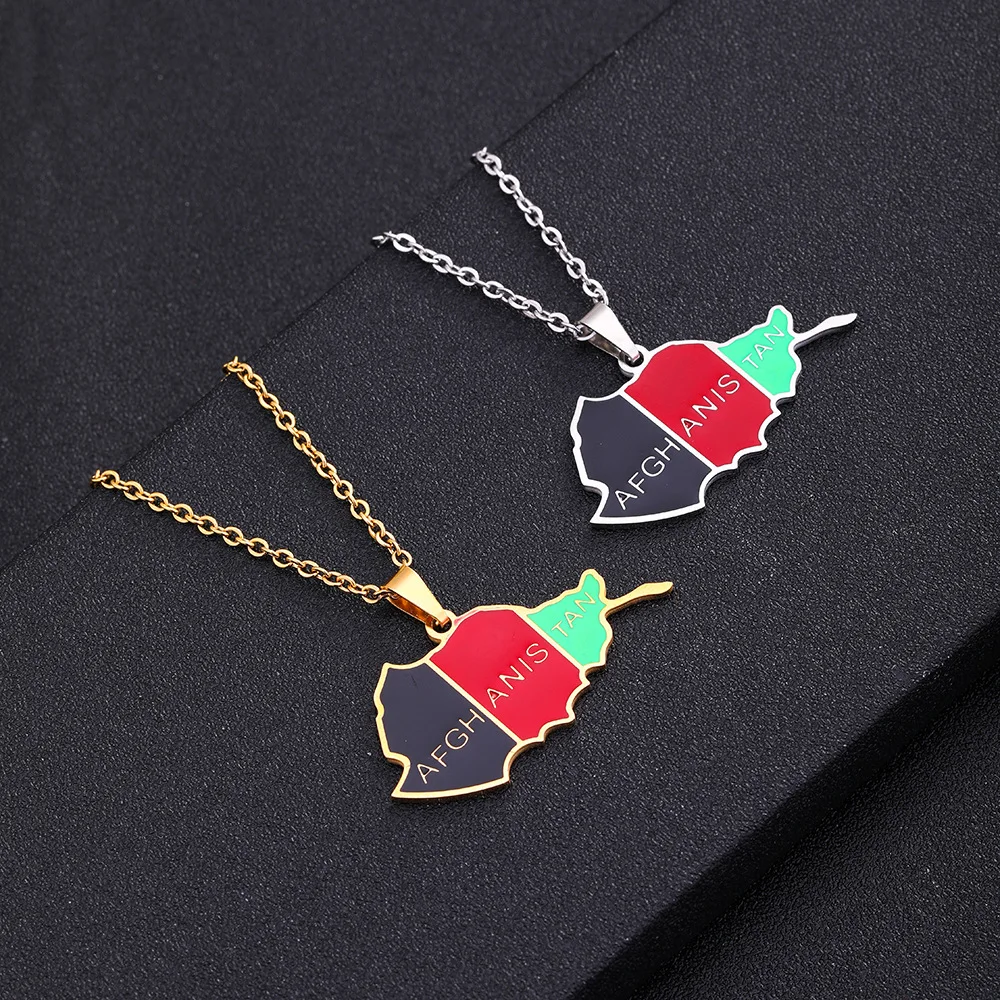 

High Quality Hip-hop Gold Drop Oil Afghanistan Flag Necklace Stainless Steel Africa Map Pendant Necklaces Jewelry For Women Men