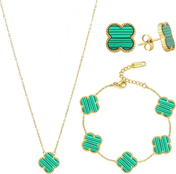 Read To Ship 18K Gold Plated Link Chain Four Leaf Clover Necklace Bracelet Earrings Stud Stainless Steel Jewelry Set
Read To Ship 18K Gold Plated Link Chain Four Leaf Clover Necklace Bracelet Earrings Stud Stainless Steel Jewelry Set