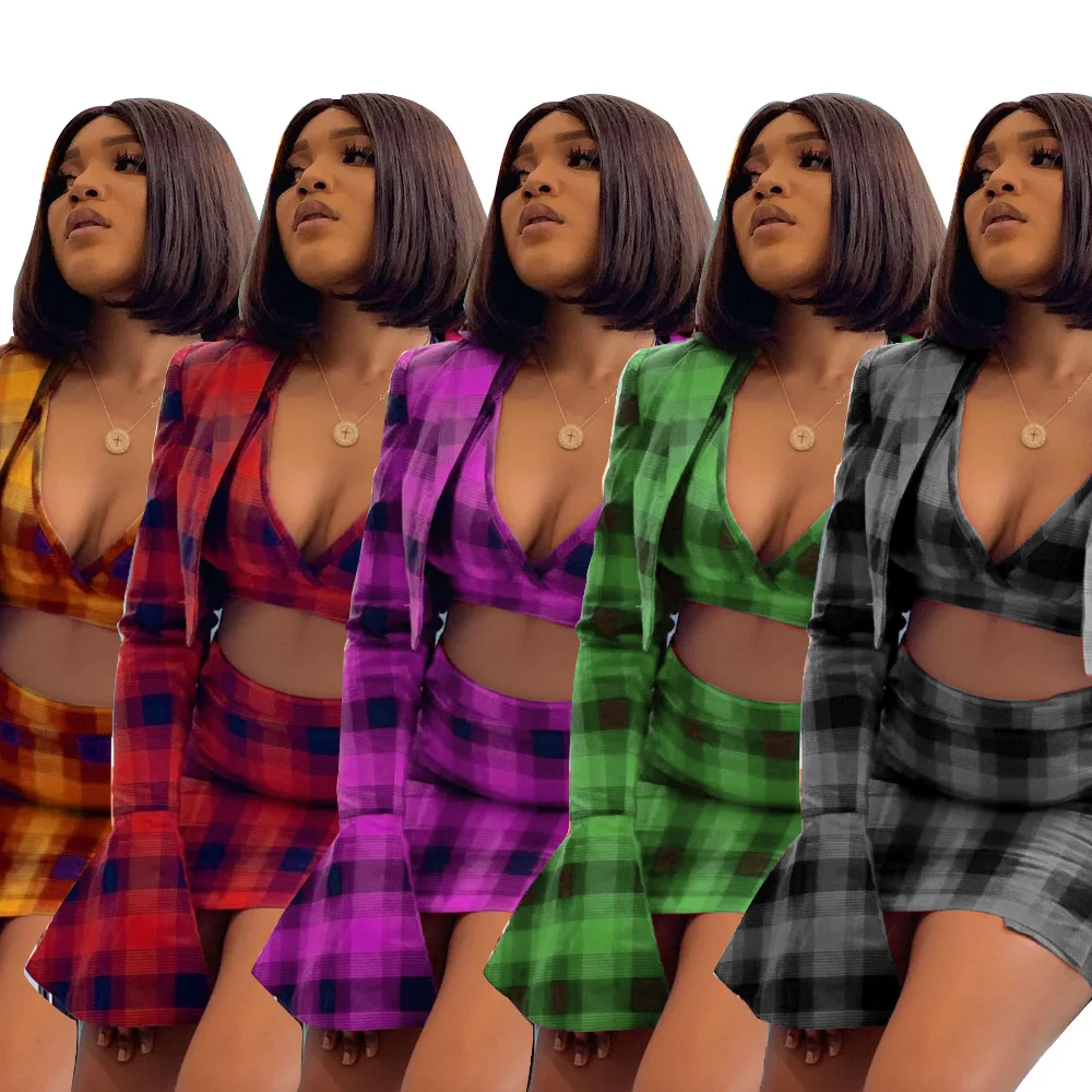 Spring Fashion Lapel Long Flare Sleeve Plaid Women 3 Piece Crop Top Blazer With Short Skirt Sets Three Pieces Skirts Set
Spring Fashion Lapel Long Flare Sleeve Plaid Women 3 Piece Crop Top Blazer With Short Skirt Sets Three Pieces Skirts Set