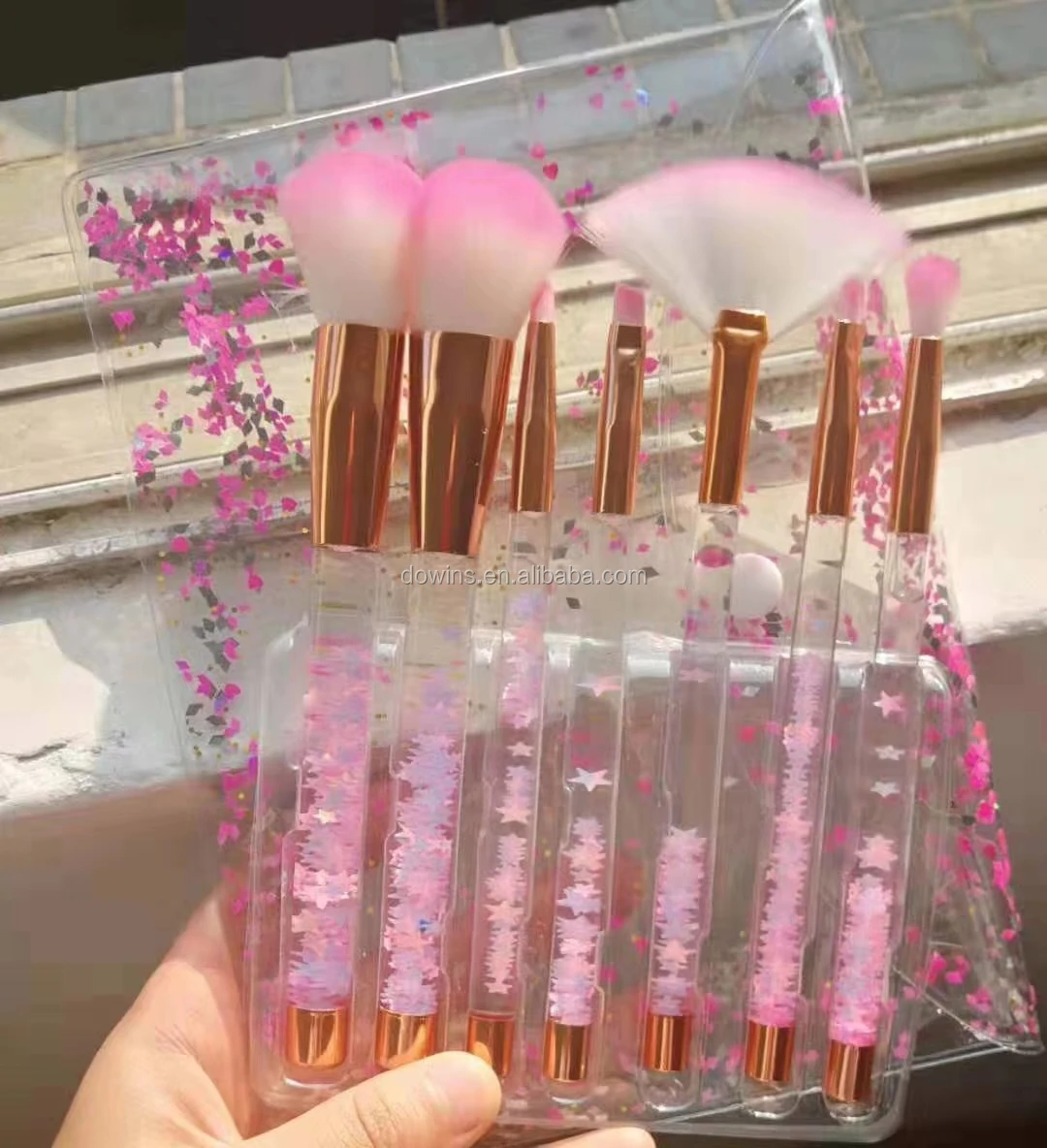 wholesale custom logo 7 pcs bling transparent rainbow DIY diamond crystal rhinestone makeup brush set with glitter pvc bag 