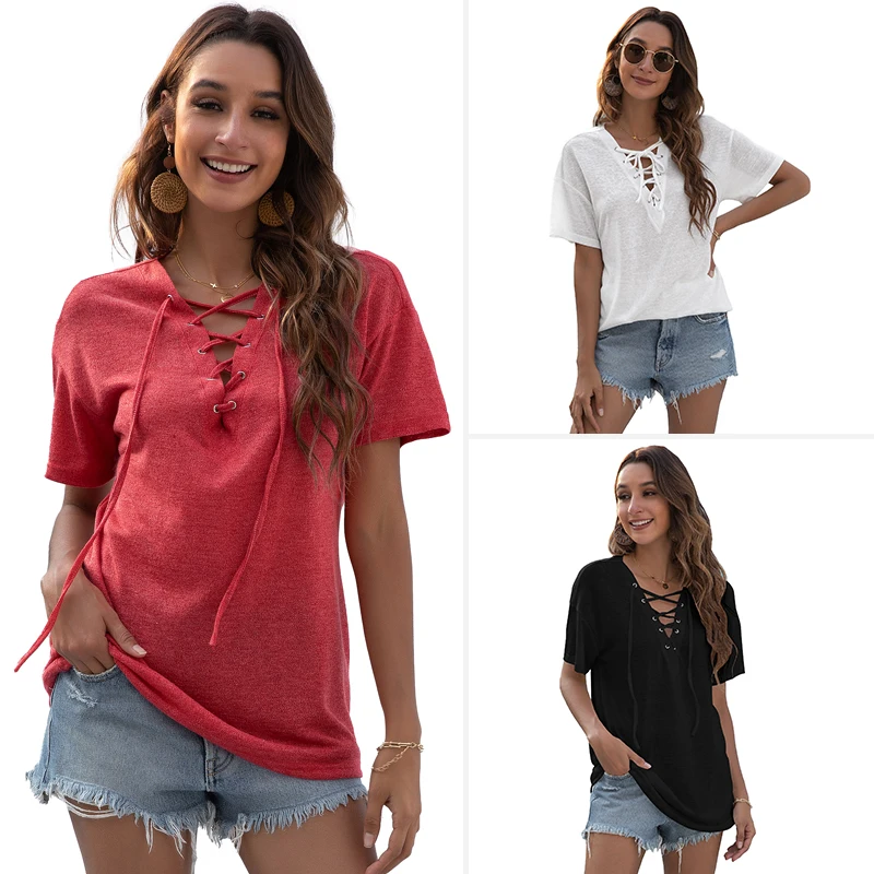 2021 European and American cross-border women's summer new product sexy V-neck tie solid color short-sleeved T-shirt top, Customized color
2021 European and American cross-border women's summer new product sexy V-neck tie solid color short-sleeved T-shirt top, Customized color