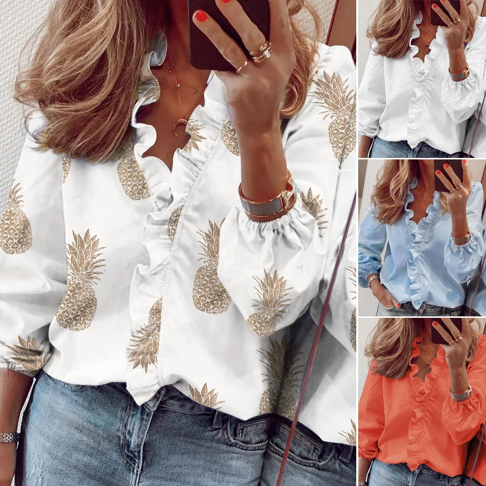 Spring and Summer New Arrival Women Floral Print/ Pure Color V-neck Women Tops 
Spring and Summer New Arrival Women Floral Print/ Pure Color V-neck Women Tops
