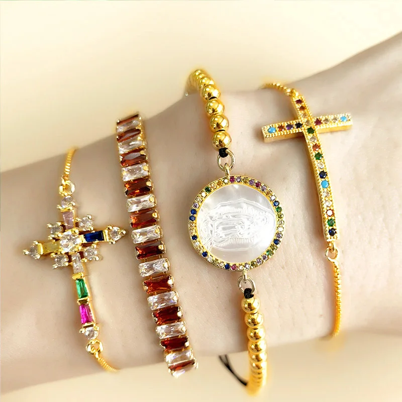 New Fashion Rainbow CZ Cross Charm Bracelet Cubic Zirconia Round Shell Tennis Bracelet For Women
New Fashion Rainbow CZ Cross Charm Bracelet Cubic Zirconia Round Shell Tennis Bracelet For Women