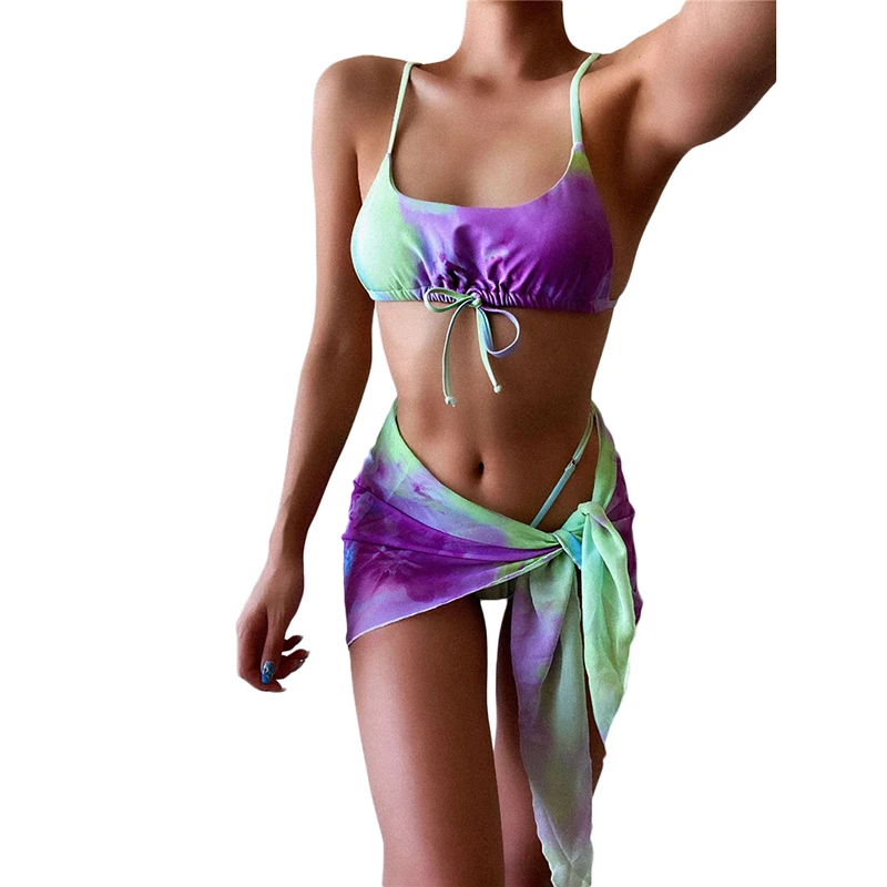 

custom logo label tag 3 pack tie dye printing bikini set Underwire Bikini Swimsuit & Beach Skirt