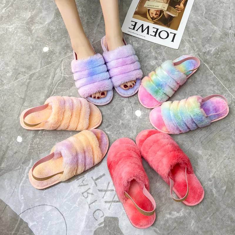 Custom Ladies House Slipper Faux Fur Tie Dye Colorful Elastic Belt Sandale Solid Fluffy Flat Women Winter Slippers, Picture
Custom Ladies House Slipper Faux Fur Tie Dye Colorful Elastic Belt Sandale Solid Fluffy Flat Women Winter Slippers, Picture