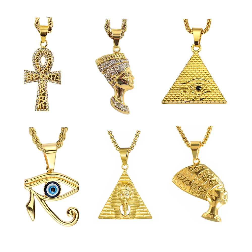 

African Statement Egyptian Pyramid Eye of Horus Pharaoh Egypt Queen Nefertiti Mens Pendant Ankh Hip Hop Jewelry Necklace
