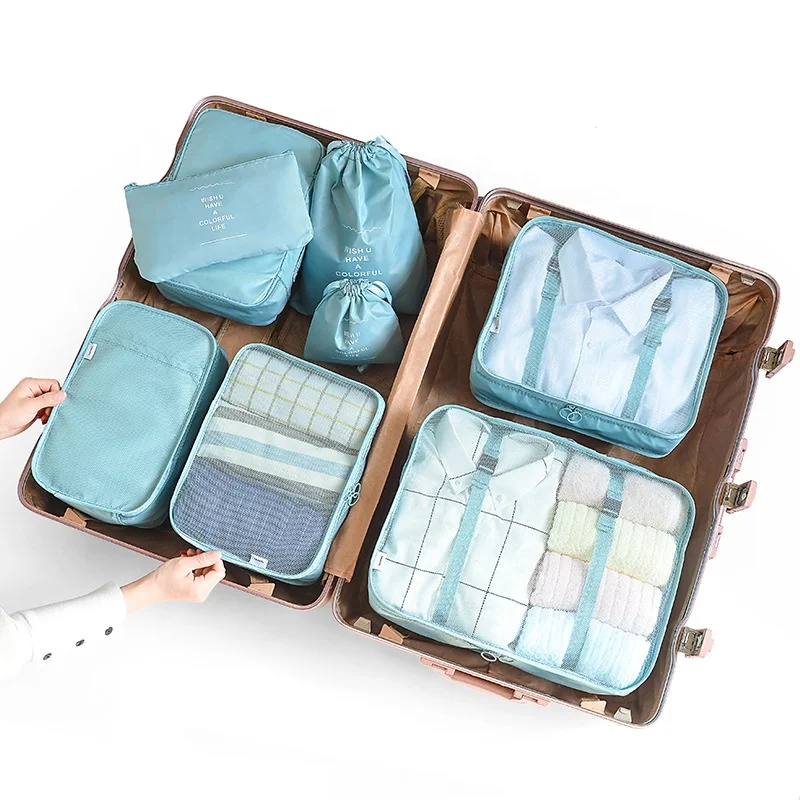 

8 PCS Water Resistant High Quality Luggage Organizer Suitcase Travel Compressing Packing Cubes, Blue,pink,grey,black,green or custom