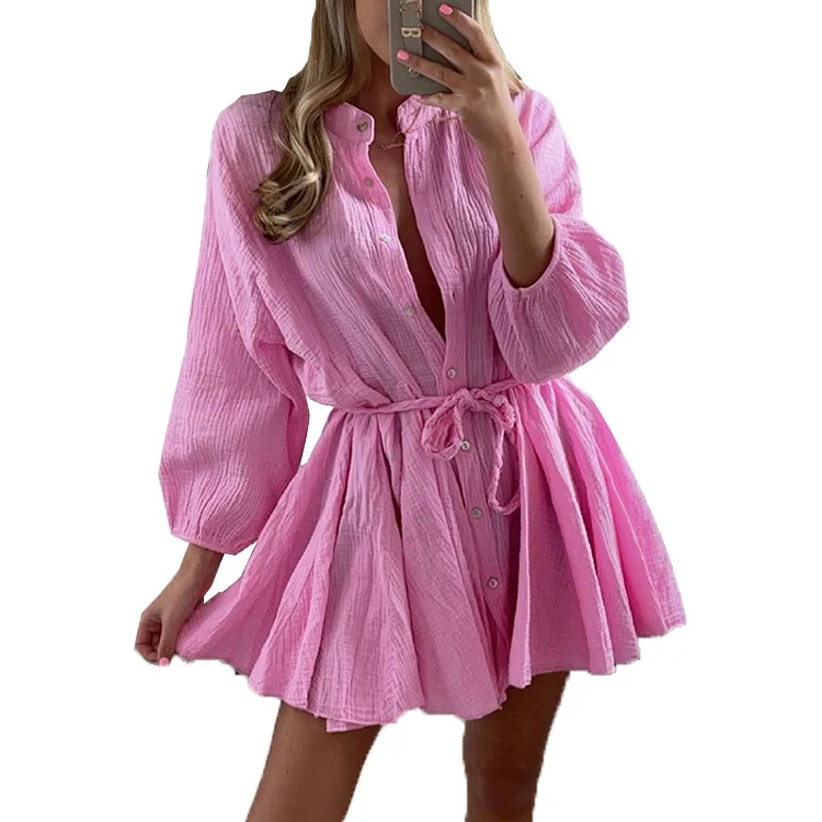 2022 female solid string elegant long sleeved button down casual shirts mini A line dresses women
2022 female solid string elegant long sleeved button down casual shirts mini A line dresses women