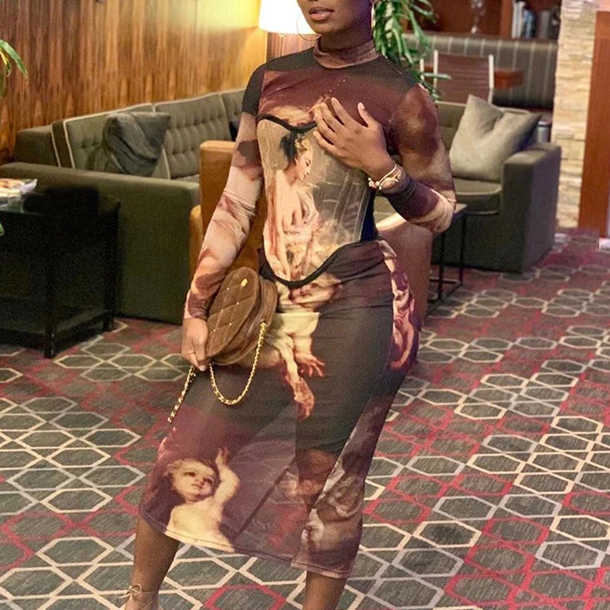 FS1647D latest design women Long Fashion printing dresses