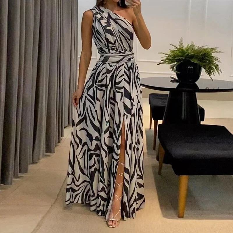 Women Maxi Dress Summer Fashion One Shoulder Sleeveless Slit Backless Nipped Waist Long Skirt Party Evening Dresses
Women Maxi Dress Summer Fashion One Shoulder Sleeveless Slit Backless Nipped Waist Long Skirt Party Evening Dresses