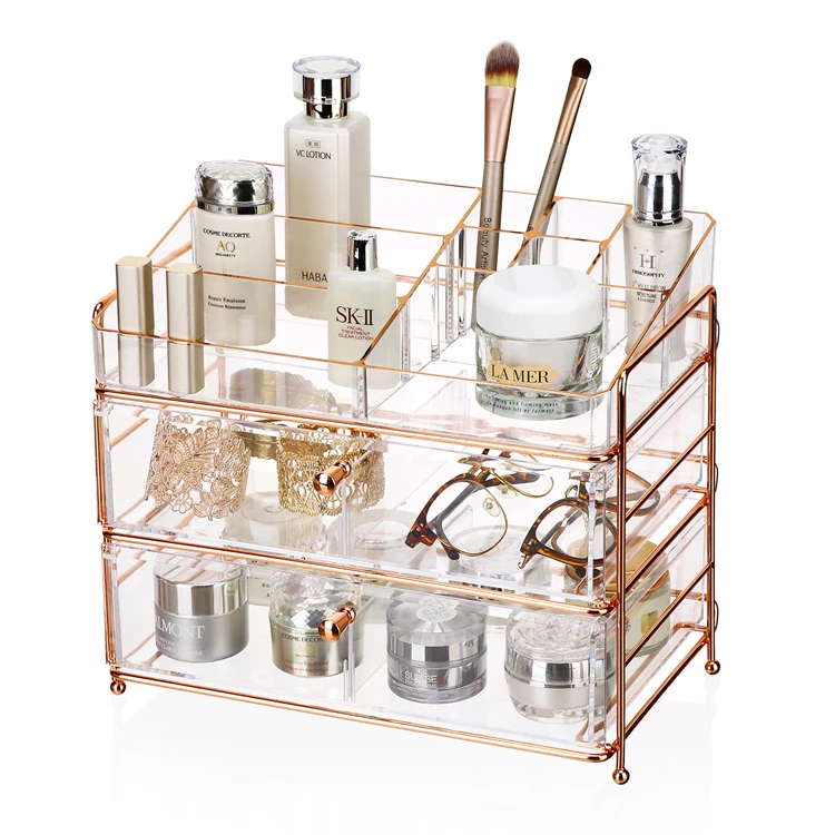 3-Tier Cosmetic Organize Drawer Rose Golden Trim Metal Knob collection tiered Cosmetic storage, Transparent + rose golden rack
3-Tier Cosmetic Organize Drawer Rose Golden Trim Metal Knob collection tiered Cosmetic storage, Transparent + rose golden rack