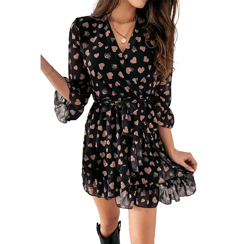 High Quality New Arrival Love Heart Print Ruffled Wrap Mini Dress Women Black Dresses, Customized wrap dress
High Quality New Arrival Love Heart Print Ruffled Wrap Mini Dress Women Black Dresses, Customized wrap dress