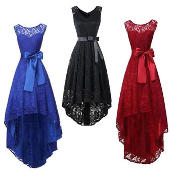 

Plus Size High Low Vintage Sleeveless Hem Belted Lace Party Dress Women High Waist Solid Maxi Dress S-3XL Ladies Vestidos, Pictures