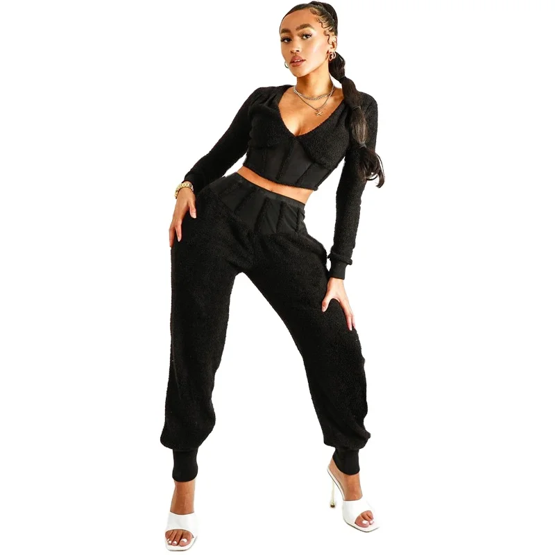 2021 new arrivals spring designs women contrast panel deep V neck top with full length casual pants sets
2021 new arrivals spring designs women contrast panel deep V neck top with full length casual pants sets