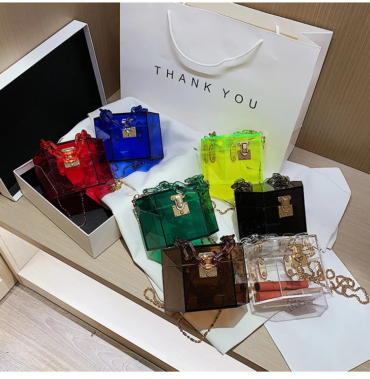 

new fashion Lady Luxury Designer Totes Acrylic Chains Women Box Handbags Party Wedding Jelly Clutch Transparent Bag Small