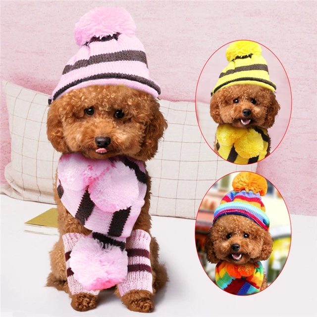 Casual Cute Fur Ball Hat Scarf Dog Warm Three-piece Suit Pet Cloth, As show