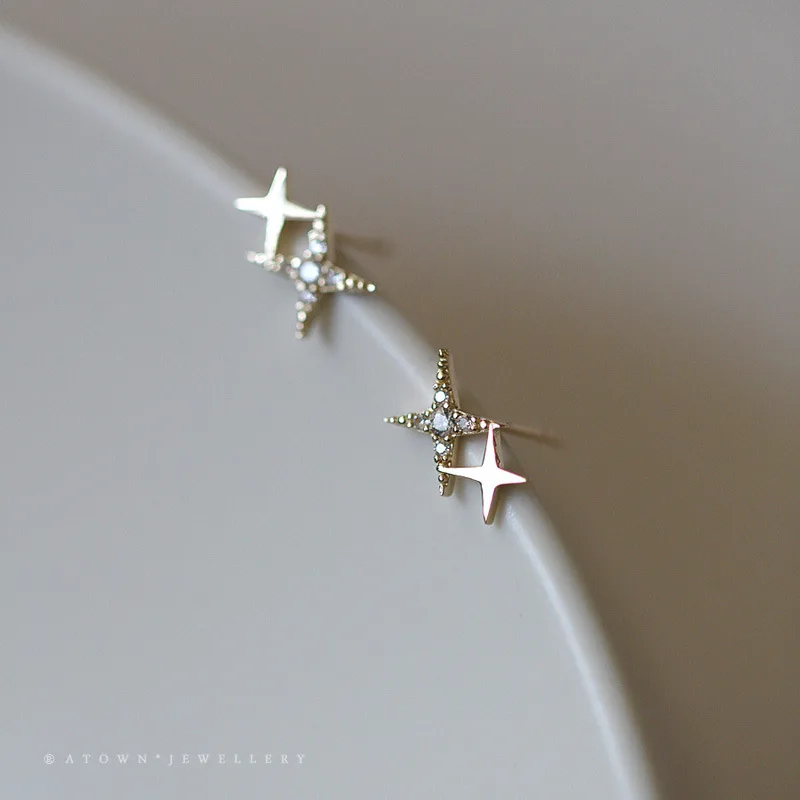 

925 Sterling Silver Korean Version Simple Four-pointed Star Stud Earrings Women Pave Zircon Light Luxury 14k Gold Jewelry Gift