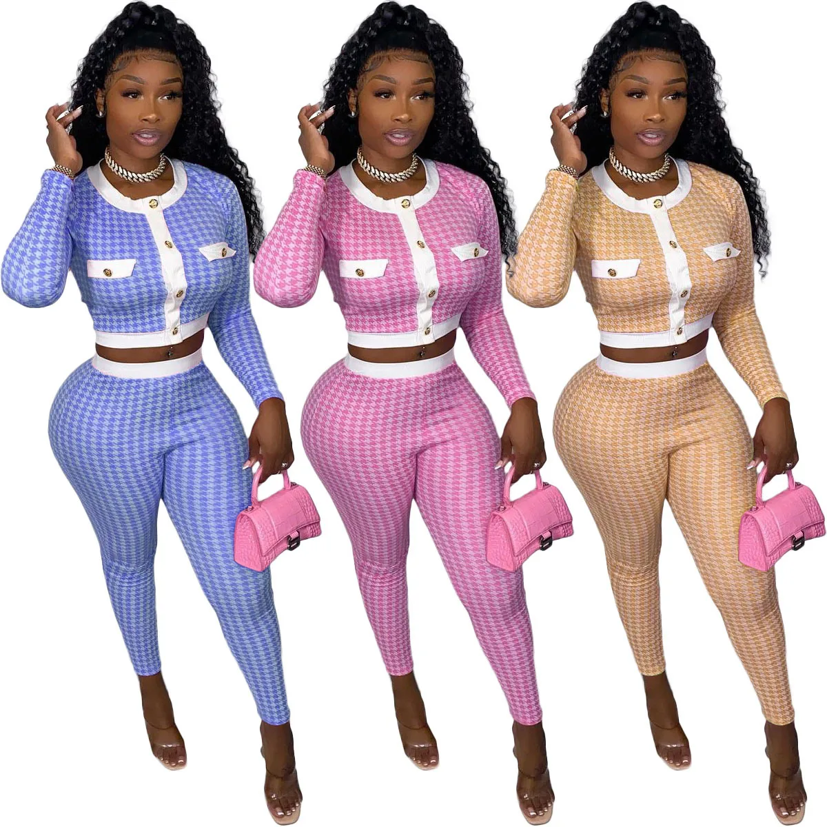 Fall new fashion houndstooth print casual two-piece set button crop top 2 Piece Pants Sets Women
Fall new fashion houndstooth print casual two-piece set button crop top 2 Piece Pants Sets Women