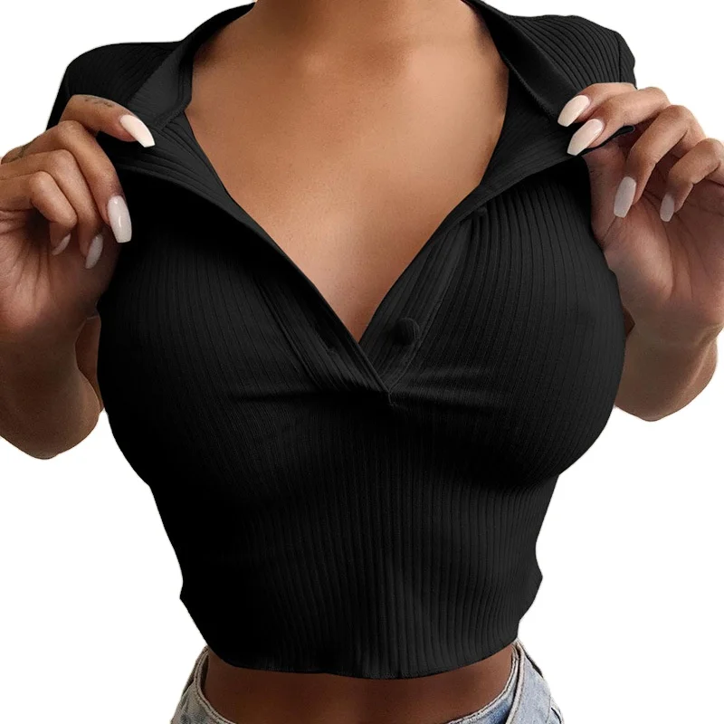 Summer Solid Color Short Sleeved Women Sexy V Neck T Shirts Buttons Casual Rib Knit Crop Top, White, black, blue
Summer Solid Color Short Sleeved Women Sexy V Neck T Shirts Buttons Casual Rib Knit Crop Top, White, black, blue