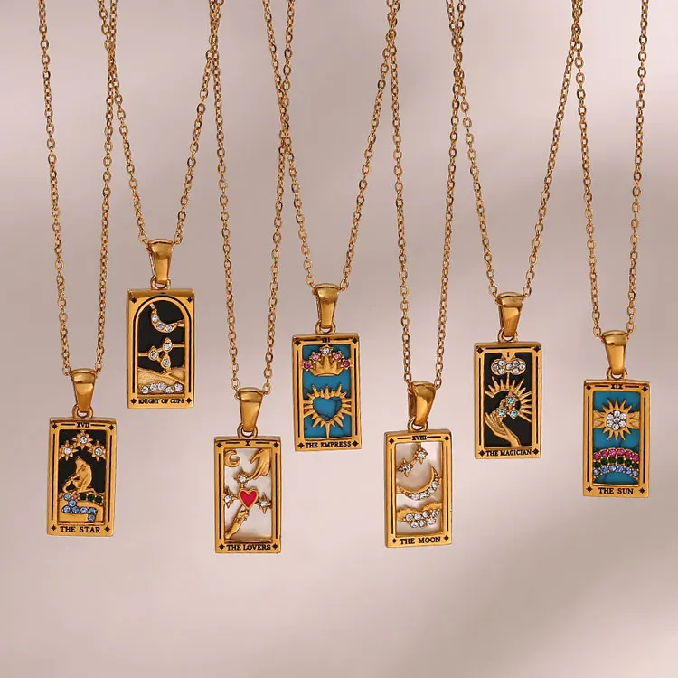 SC Waterproof Gold Plated Stainless Steel Necklace Retro Empress Sun Moon Pattern Square Tarot Card Deck Necklace for Women
SC Waterproof Gold Plated Stainless Steel Necklace Retro Empress Sun Moon Pattern Square Tarot Card Deck Necklace for Women
