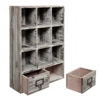 Rustic style mounted dark brown 9 cubes shaped wooden store shelves wall