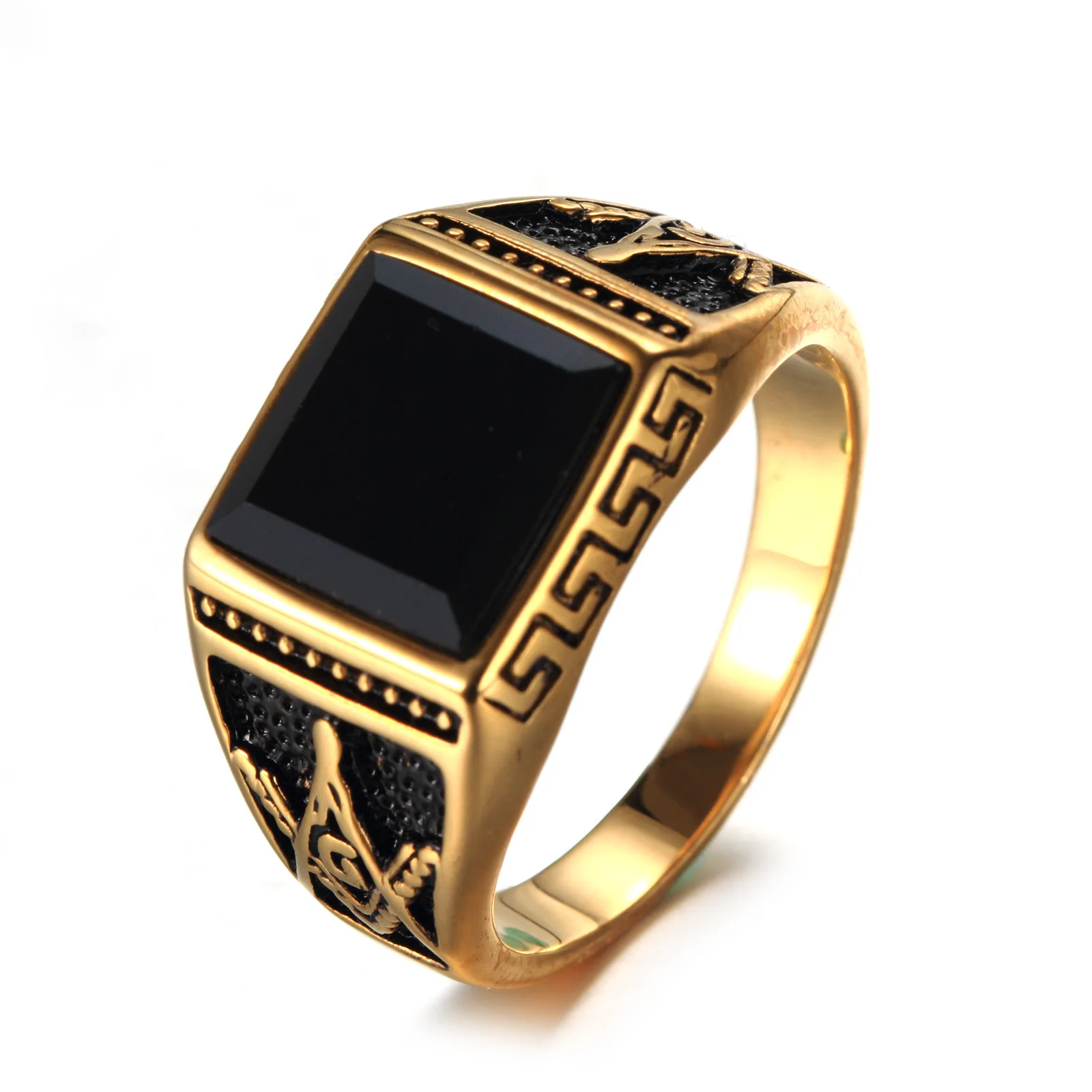 

Luxury Gold Plated Jewelry Titanium Steel /316 Stainless Steel Ring Inlay Agate Stone Gemstone Masonic Retro Men Ring