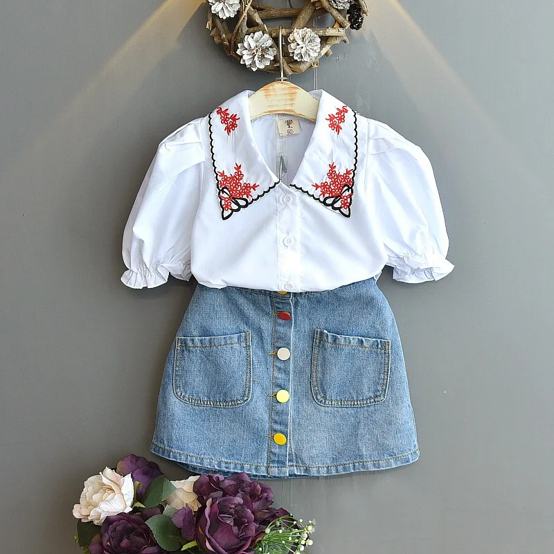 New fashion Toddler Girl Clothing set flower embroidered blouse and denim skirt set clothing for kids, Picture shows 
New fashion Toddler Girl Clothing set flower embroidered blouse and denim skirt set clothing for kids, Picture shows