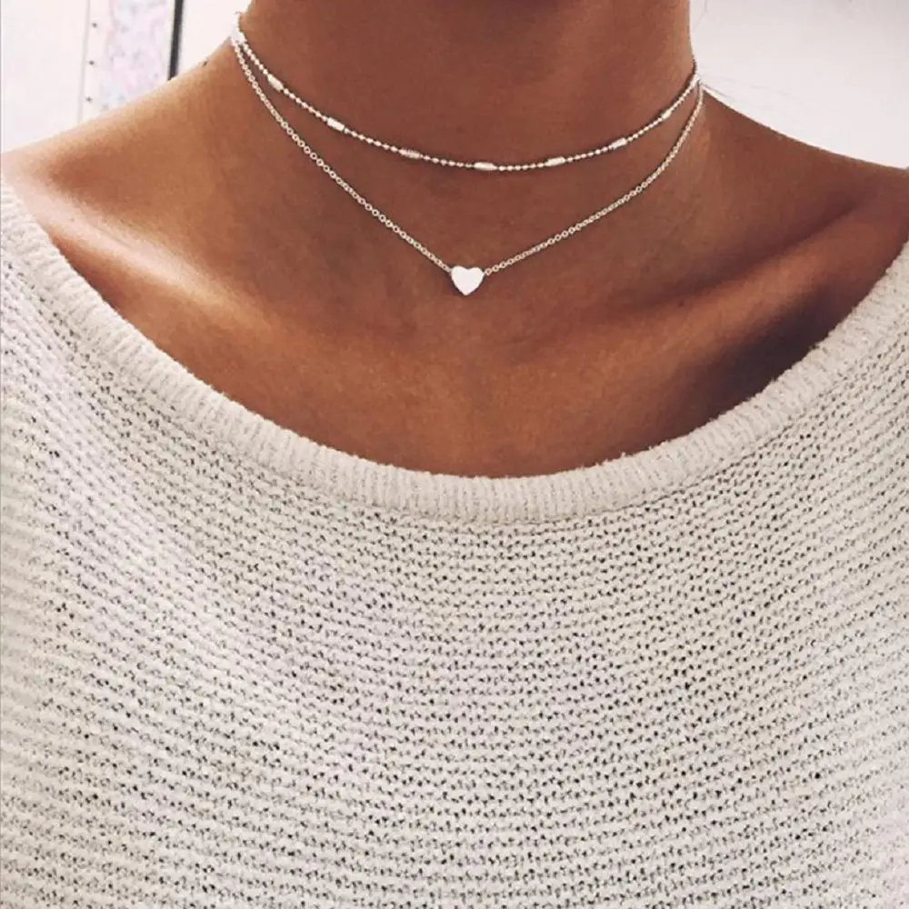 

Minimal Heart Choker Multilayer Necklace Chain Small Love Necklace Pendant Bohemian Necklace Jewelry, Gold/silver