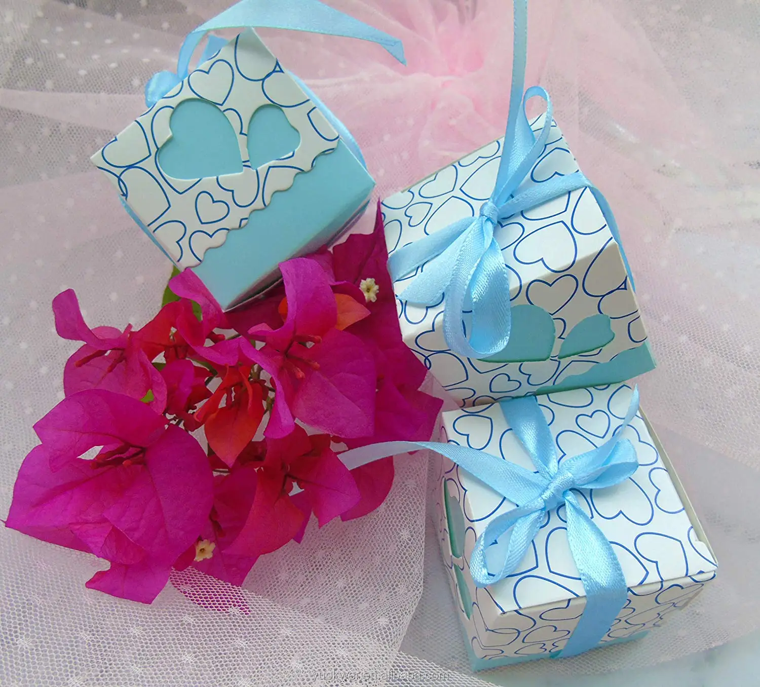 our candy gift box made of hard paper,with blue&purple ribbon