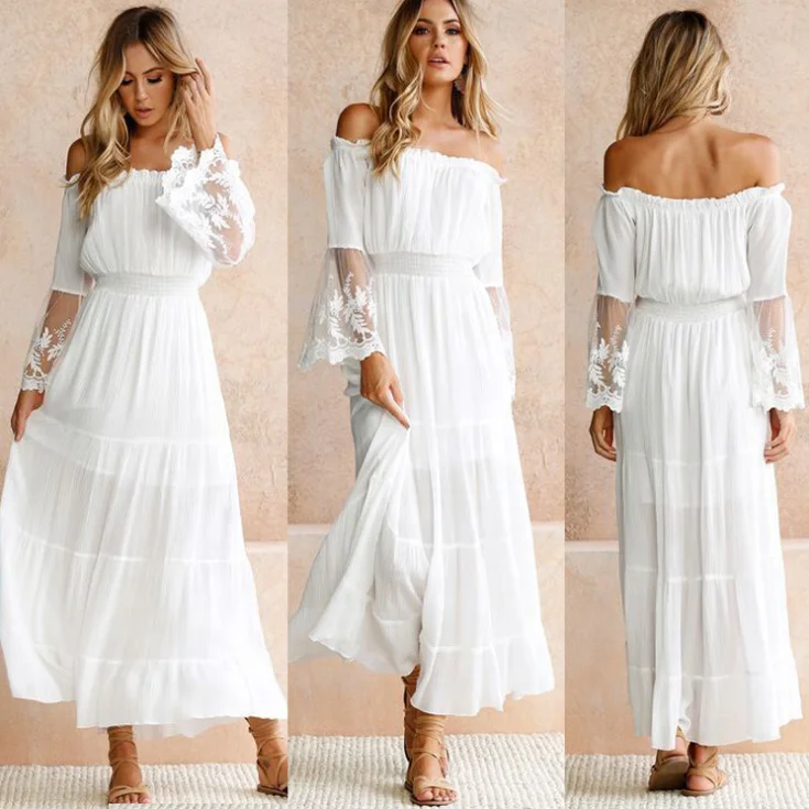 European chiffon One shoulder Necklace Stitching Temperament long lace dress, Picture
European chiffon One shoulder Necklace Stitching Temperament long lace dress, Picture