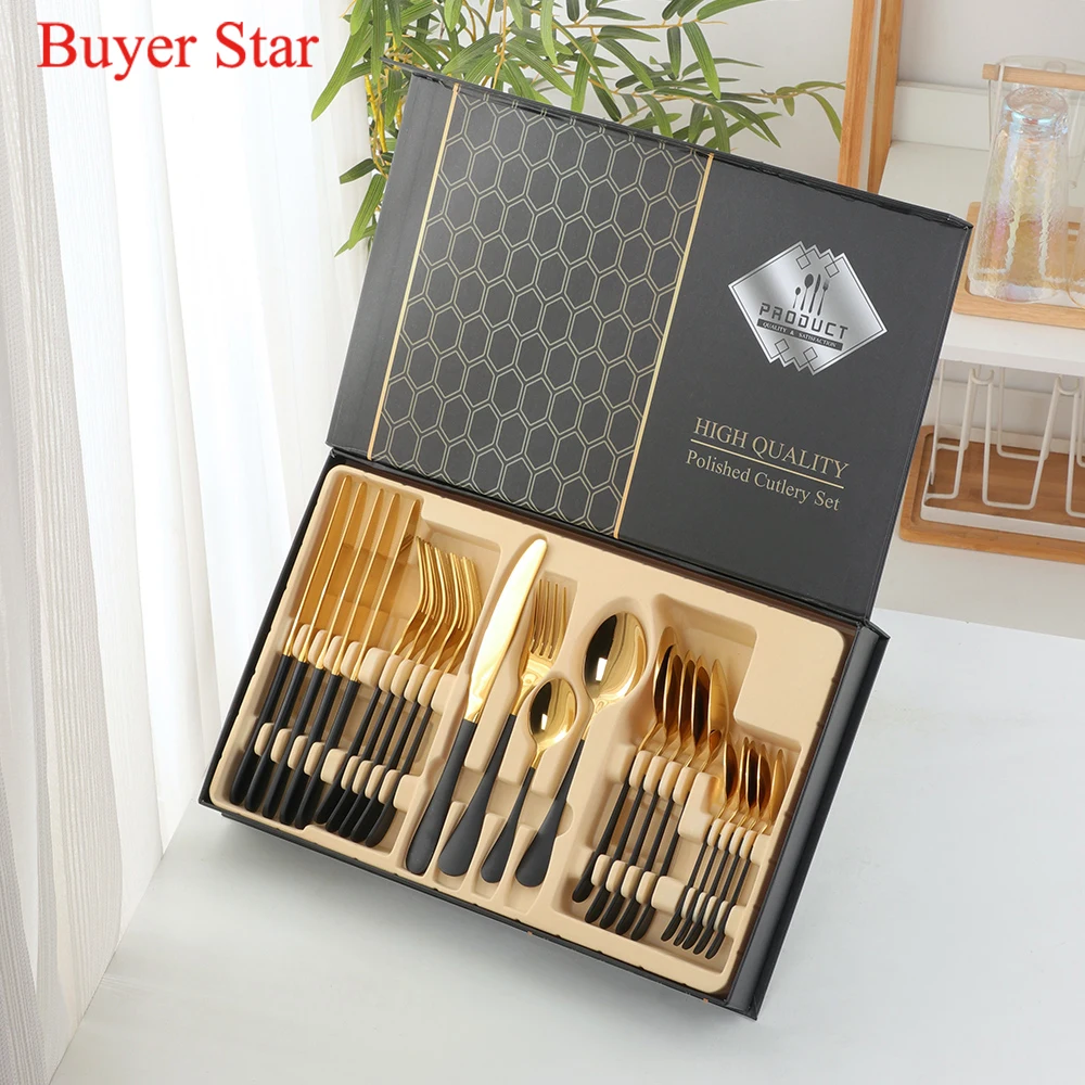 Luxury Flatware Stainless Steel 24pcs Golden Cutlery Set with gift case For Wedding gift
Luxury Flatware Stainless Steel 24pcs Golden Cutlery Set with gift case For Wedding gift