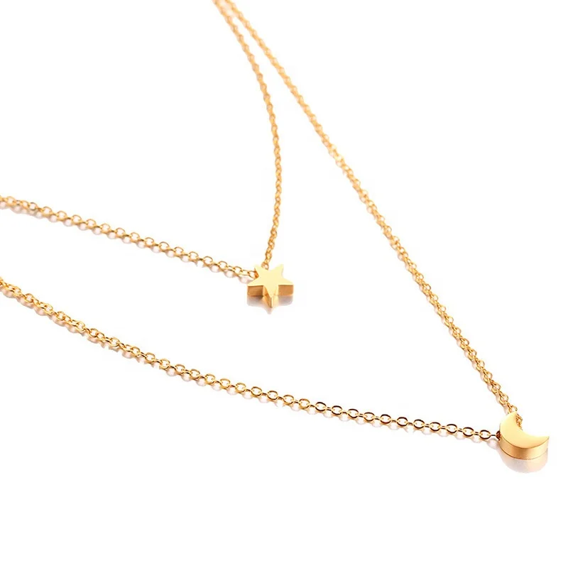 Double Layered Link Chain 18k Gold Plated Stainless Steel Star Moon Charm Pendant Necklace Titanium Jewelry Women 2019 Hot Sale
Double Layered Link Chain 18k Gold Plated Stainless Steel Star Moon Charm Pendant Necklace Titanium Jewelry Women 2019 Hot Sale