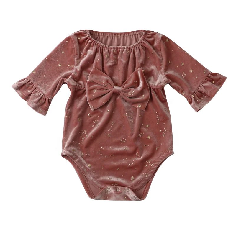 Pink Velvet Three Quarter Flare Sleeve Baby Romper With Big Bowknot Wholesale Baby Girl Jumpsuit, Orange/apricot
Pink Velvet Three Quarter Flare Sleeve Baby Romper With Big Bowknot Wholesale Baby Girl Jumpsuit, Orange/apricot