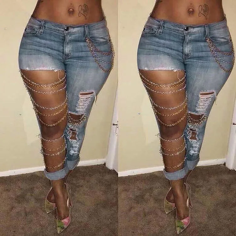 Large Hole Denim Cotton Ladies Jeans Pants Wholesale Stretch Ripped Jeans Women with Chains, Black,light blue, navy, white
Large Hole Denim Cotton Ladies Jeans Pants Wholesale Stretch Ripped Jeans Women with Chains, Black,light blue, navy, white