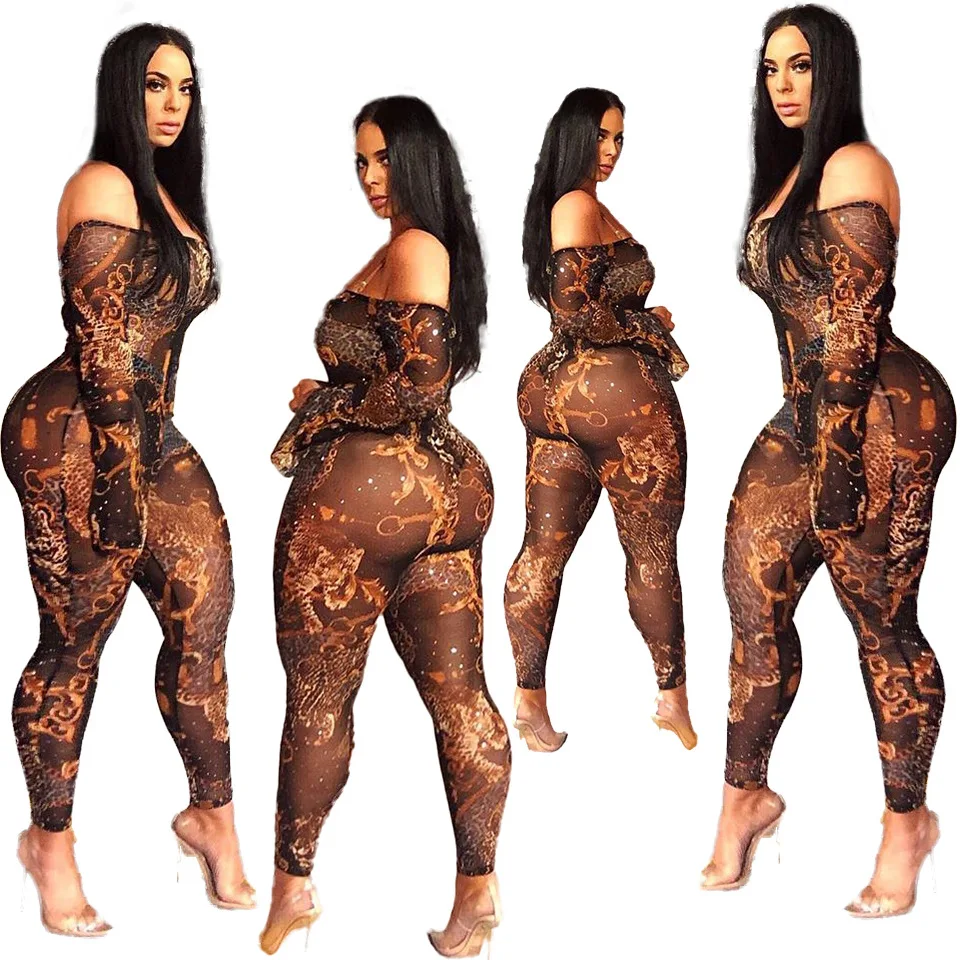 WW-1365 Sexy Perspective Panther Gold Chain Polyester Screen Printing A Word Shoulder Horns Longsleeveoff Shoulder Mesh Jumpsuit, Customized color
WW-1365 Sexy Perspective Panther Gold Chain Polyester Screen Printing A Word Shoulder Horns Longsleeveoff Shoulder Mesh Jumpsuit, Customized color