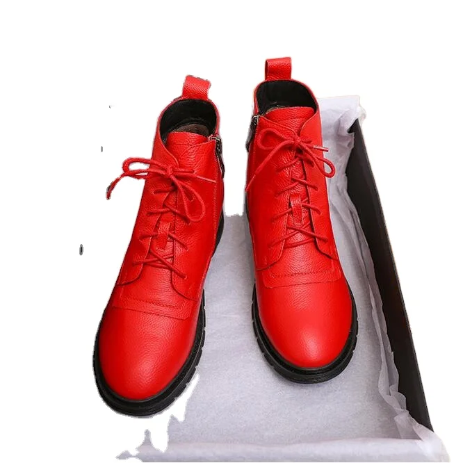 

2022 New Modern Genuine Leather Martin Red Black Boots Women Fashion Autumn Winter Short British Trendy Ladies Boot