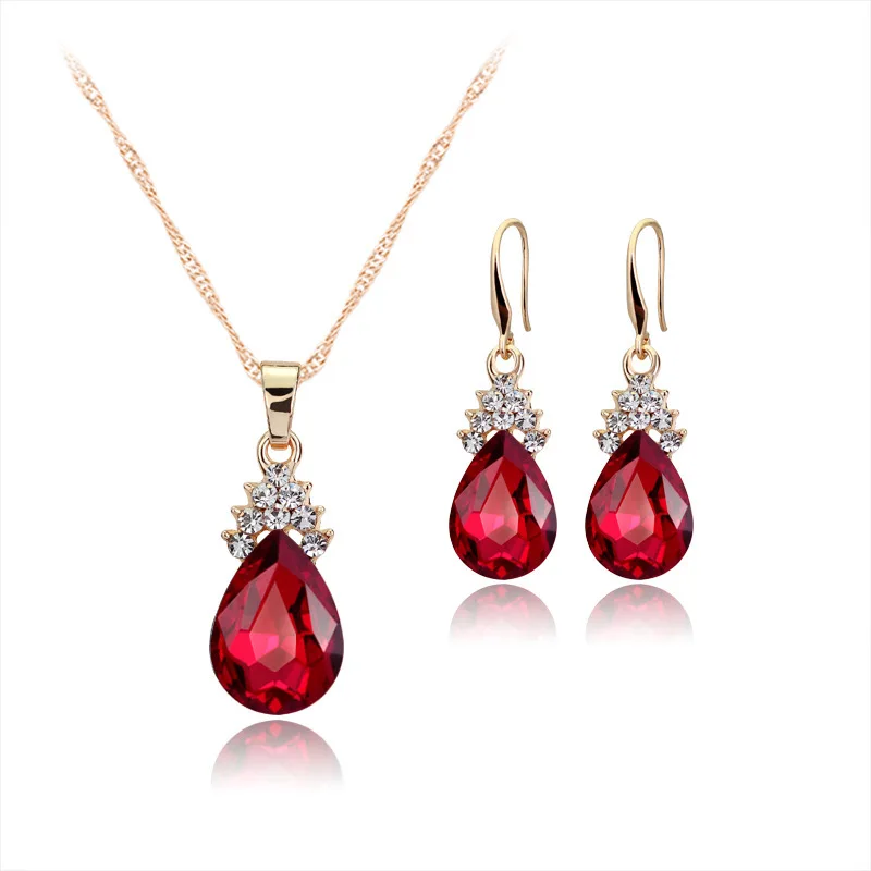 Fashion Shine Red Blue Rhinestone Crystal Water Drop 18k Gold Plated Pendant Necklace Earring Jewelry Set for Women
Fashion Shine Red Blue Rhinestone Crystal Water Drop 18k Gold Plated Pendant Necklace Earring Jewelry Set for Women