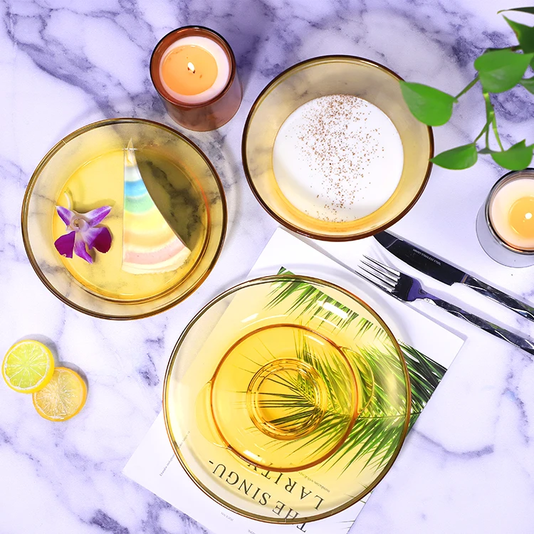 Amber color high borosilicate glass dish plate for microware heating luxury dinnerware colored dish sets, Customized color
Amber color high borosilicate glass dish plate for microware heating luxury dinnerware colored dish sets, Customized color