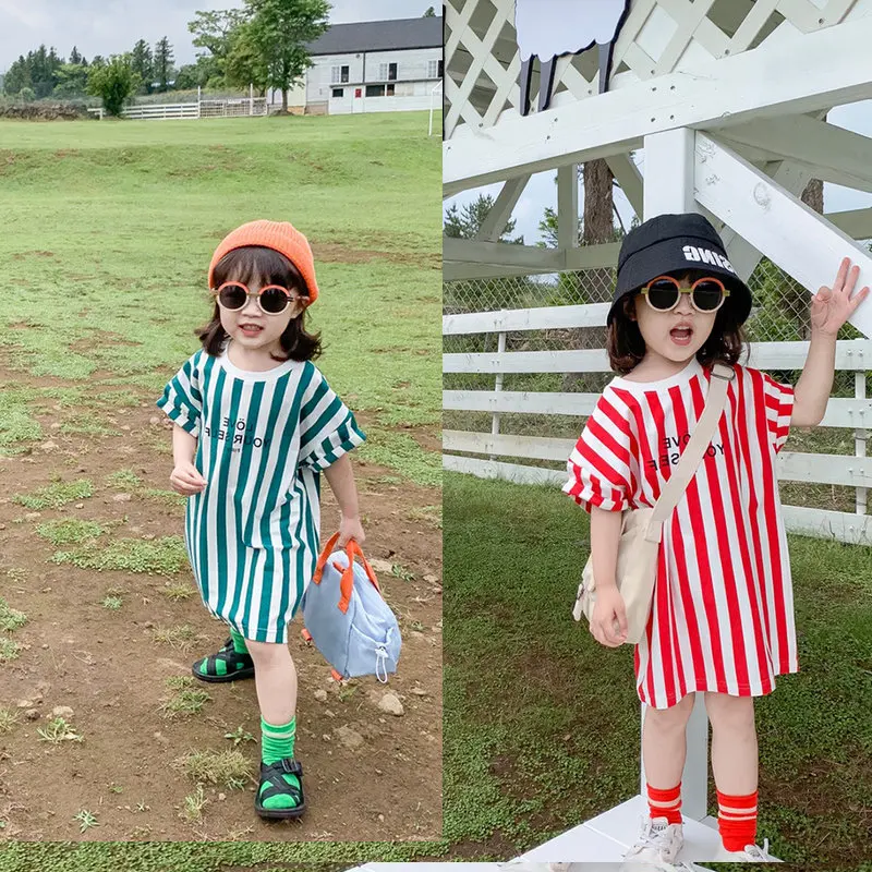 New fashion infant Girls summer short sleeve T- shirt dress letter printed striped casual dress, Picture shows
New fashion infant Girls summer short sleeve T- shirt dress letter printed striped casual dress, Picture shows