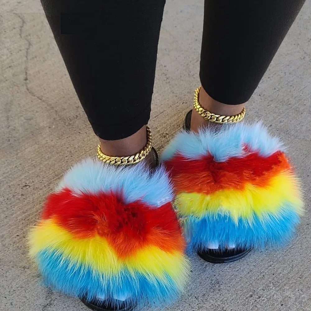 Summer Raccoon Fur Slippers For Women Fluffy Real Fox Hair Slides Plush Home Sandals Fashion Cute Rainbow Flip Flops Ladies Shoe
Summer Raccoon Fur Slippers For Women Fluffy Real Fox Hair Slides Plush Home Sandals Fashion Cute Rainbow Flip Flops Ladies Shoe