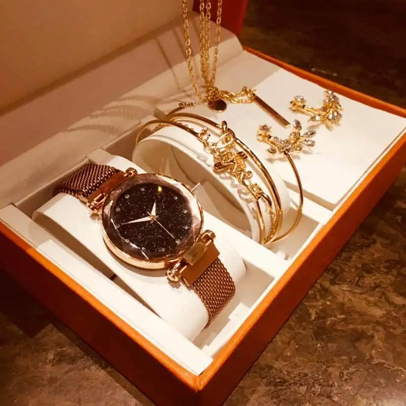 Fashion Watches Set Women Rose Gold Mesh Magnet Starry Sky Quartz Wristwatch Creative Necklace Bracelets Earrings Gift For Women
Fashion Watches Set Women Rose Gold Mesh Magnet Starry Sky Quartz Wristwatch Creative Necklace Bracelets Earrings Gift For Women