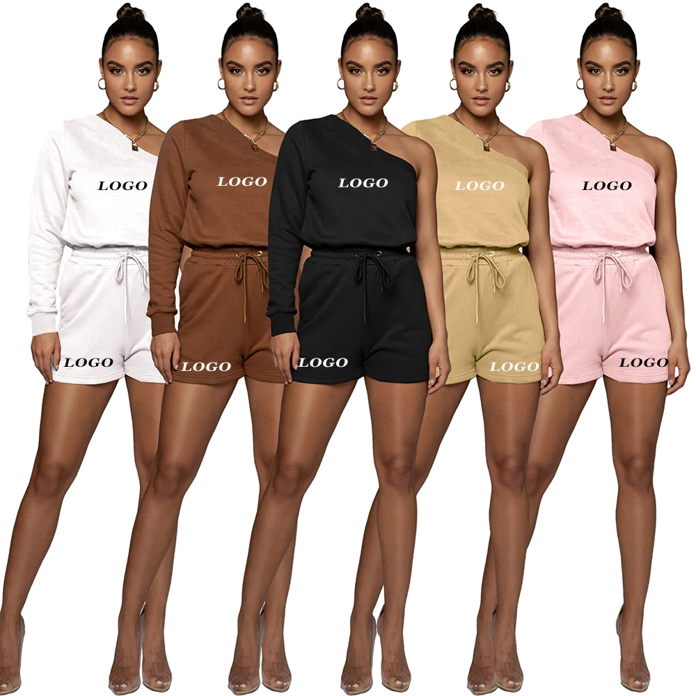 Wholesale Custom Logo Printing Solid Color Cotton One Shoulder Sweatshirt Biker Short 2 Piece Set Women's Sets, Customized colors
Wholesale Custom Logo Printing Solid Color Cotton One Shoulder Sweatshirt Biker Short 2 Piece Set Women's Sets, Customized colors