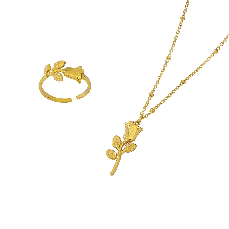 Valentine's Day Jewelry Set 18k Gold Plated Rose Flower Necklace Ring Set Stainless Steel Flower Ring Necklace Set
Valentine's Day Jewelry Set 18k Gold Plated Rose Flower Necklace Ring Set Stainless Steel Flower Ring Necklace Set