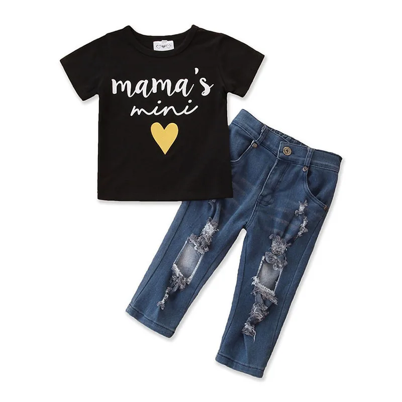 Cool mama mini heart graphic black t-shirt denim pant fashion girl clothing boutique set, As picture show
Cool mama mini heart graphic black t-shirt denim pant fashion girl clothing boutique set, As picture show