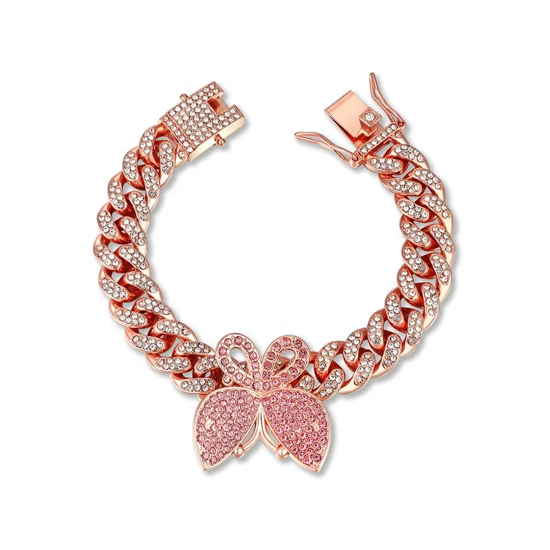 Rose Gold Plated Bling Diamond Cuban Link Butterfly Bracelet Pink Crystal Butterfly Cuban Bracelet
Rose Gold Plated Bling Diamond Cuban Link Butterfly Bracelet Pink Crystal Butterfly Cuban Bracelet
